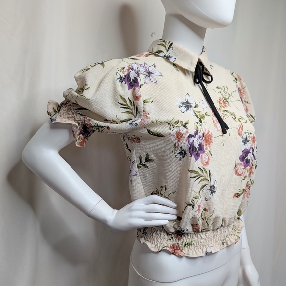 Semi Sheer Textured Cream Multi Color Floral Short Puff Sleeve Collared Blouse - Picture 3 of 8